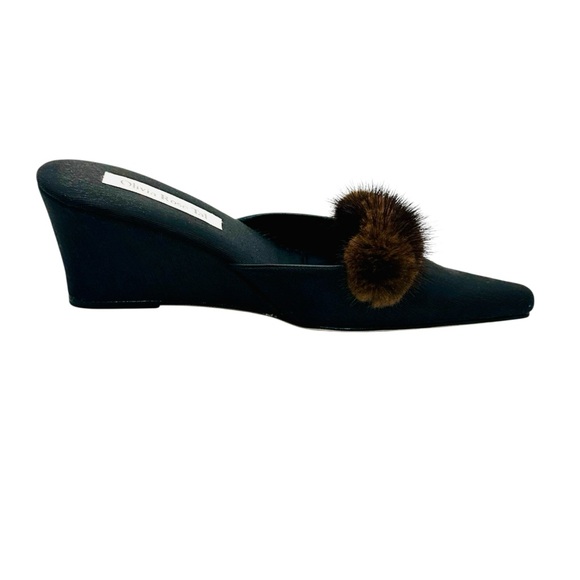 Olivia Rose Tal Black Wedge Mules with Brown Fur sz 9 Vintage - Picture 5 of 11